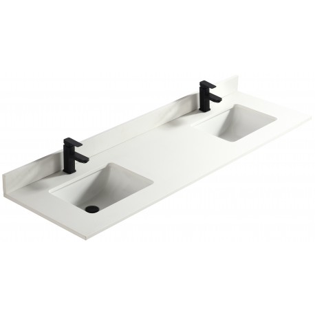 Blanc pure 72", dessus de vanité en quartz avec deux lavabos en porcelaine sous-plan