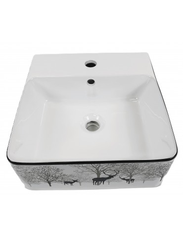 Kali, rectangle porcelain sink with glossy white finish, glossy black border and graphics