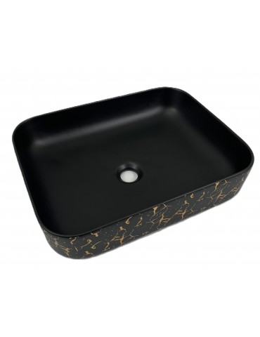 Volva, lavabo carré en porcelaine avec fini noir mat et marbrure dorée